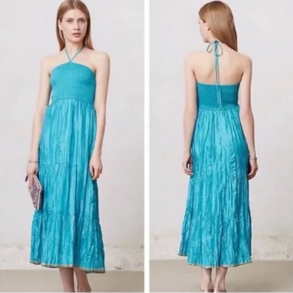 Anthropologie Maeve Silk Teal Halter Maxi Dress